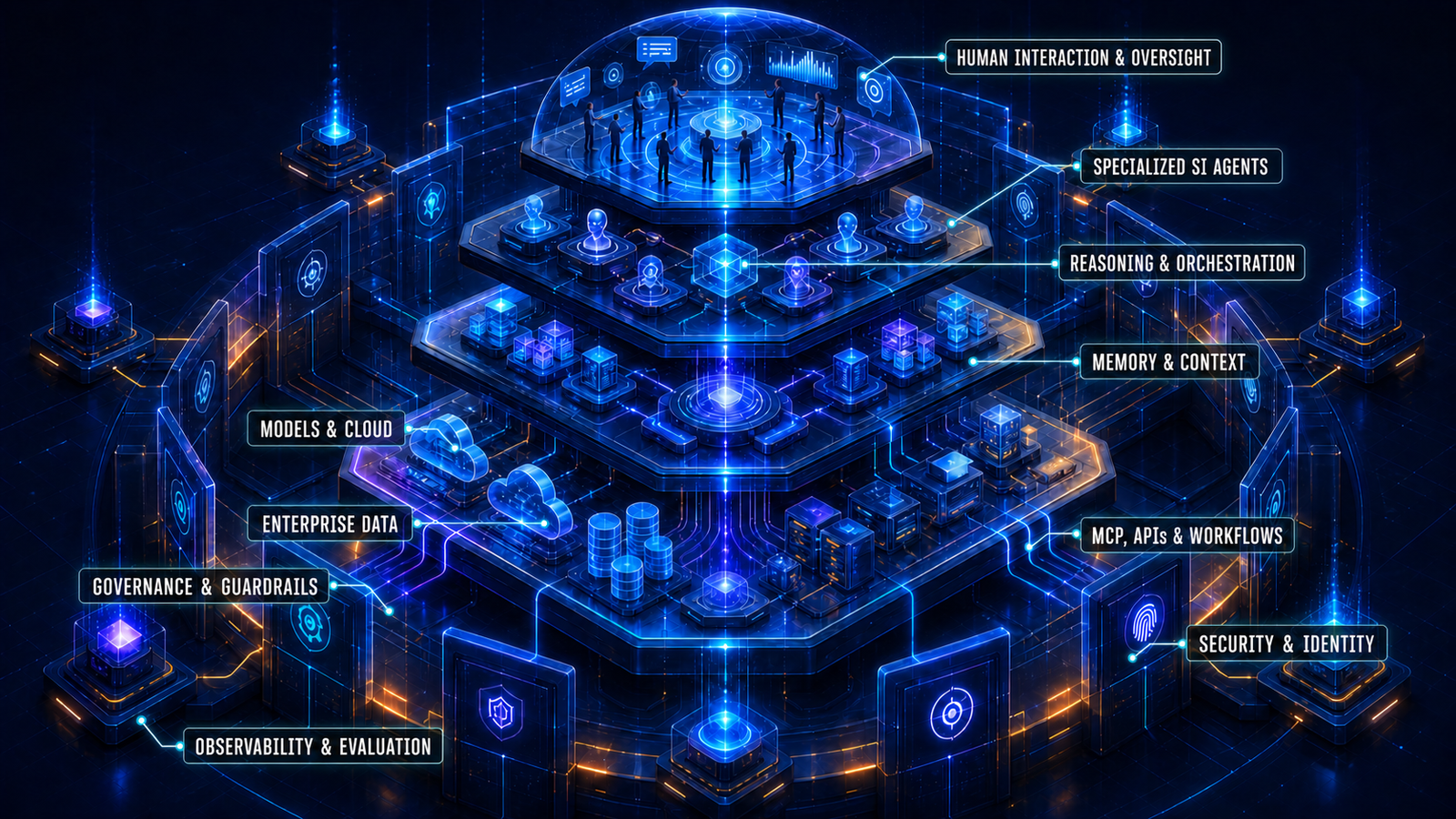 Labeled layered Agentic SI system showing human oversight, specialized agents, reasoning and orchestration, memory and context, enterprise data, models and cloud, MCP workflows, governance, observability, and security.